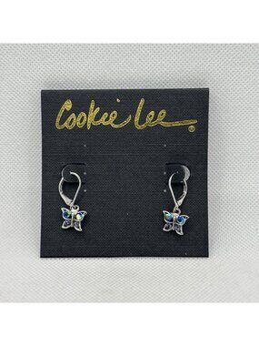 Cookie Lee Blue Lilac Austrian Crystal Enamel Butterfly Dangle Earrings NWT